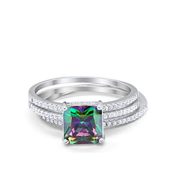 Princess Cut Wedding 3 Piece Ring Simulated Rainbow CZ 925 Sterling Silver
